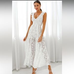 “Take Note Laced Back Frill Shoulder Lace Jumpsuit White”
